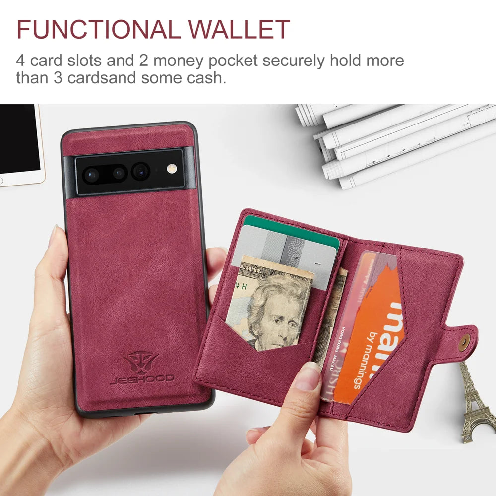 JEEHOOD For Google Pixel 7 5G Case  J01 Retro Leather Phone Back Cover with Detachable Magnetic Card Holder - Red - 3