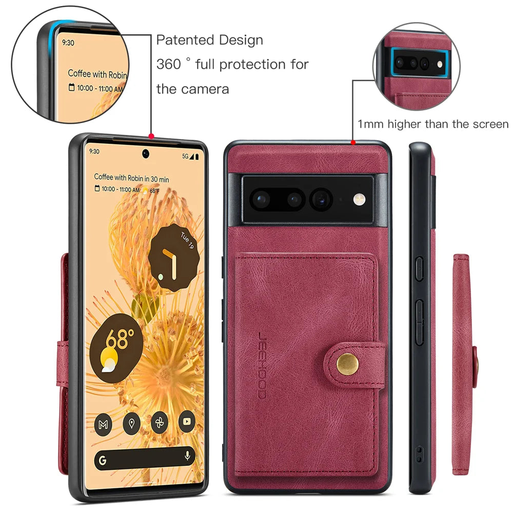 JEEHOOD For Google Pixel 7 5G Case  J01 Retro Leather Phone Back Cover with Detachable Magnetic Card Holder - Red - 7