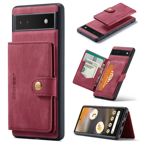 JEEHOOD For Google Pixel 6a Case  J01 Retro Leather Phone Back Cover with Detachable Magnetic Card Holder - Red - 1