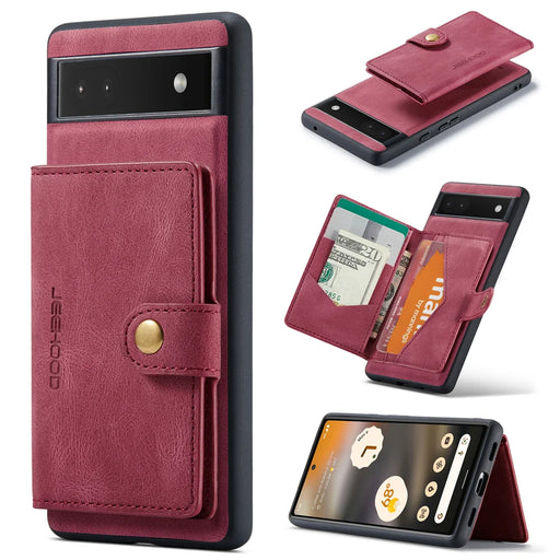 JEEHOOD For Google Pixel 6a Case  J01 Retro Leather Phone Back Cover with Detachable Magnetic Card Holder - Red - 1