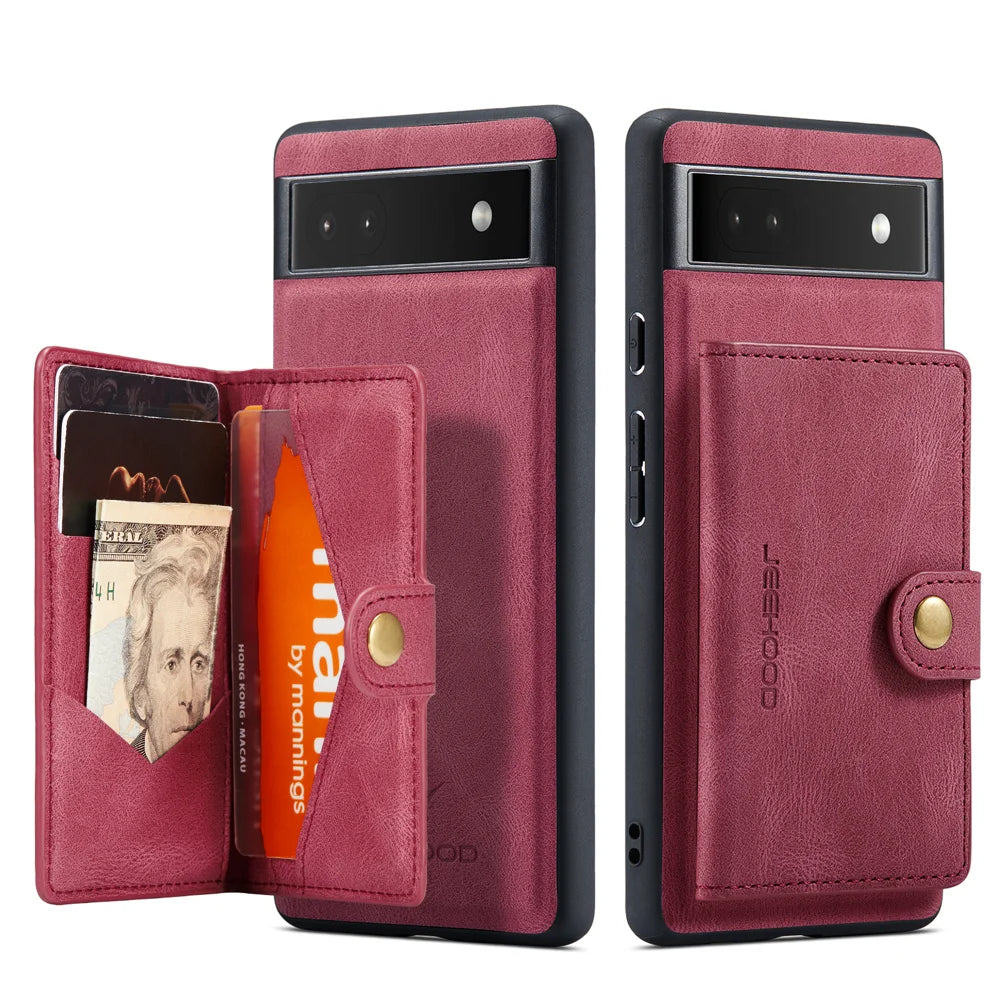 JEEHOOD For Google Pixel 6a Case  J01 Retro Leather Phone Back Cover with Detachable Magnetic Card Holder - Red - 2