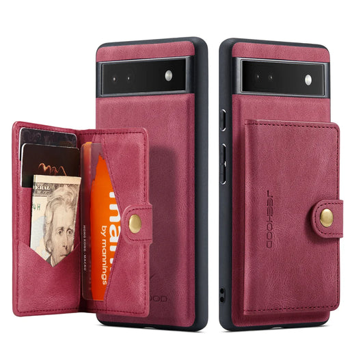 JEEHOOD For Google Pixel 6a Case  J01 Retro Leather Phone Back Cover with Detachable Magnetic Card Holder - Red - 2