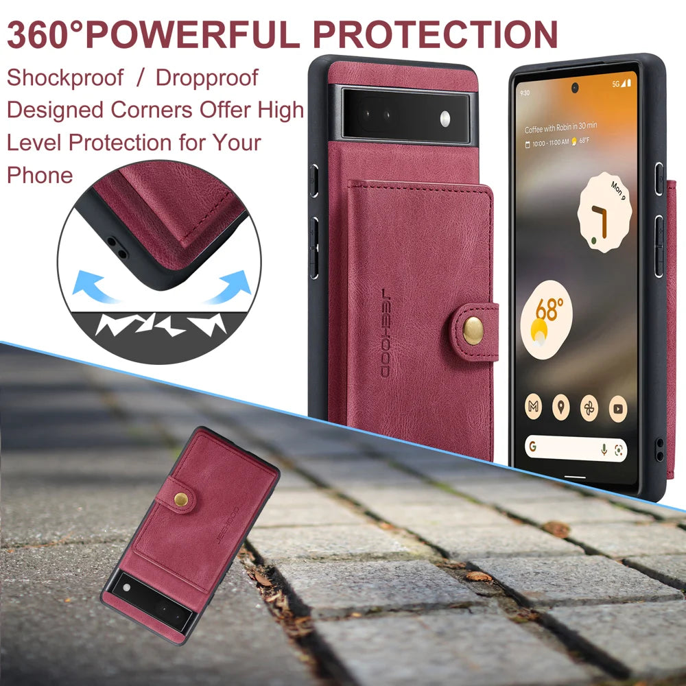 JEEHOOD For Google Pixel 6a Case  J01 Retro Leather Phone Back Cover with Detachable Magnetic Card Holder - Red - 5