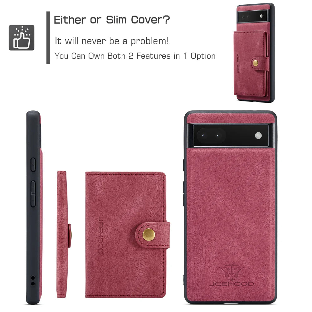 JEEHOOD For Google Pixel 6a Case  J01 Retro Leather Phone Back Cover with Detachable Magnetic Card Holder - Red - 6