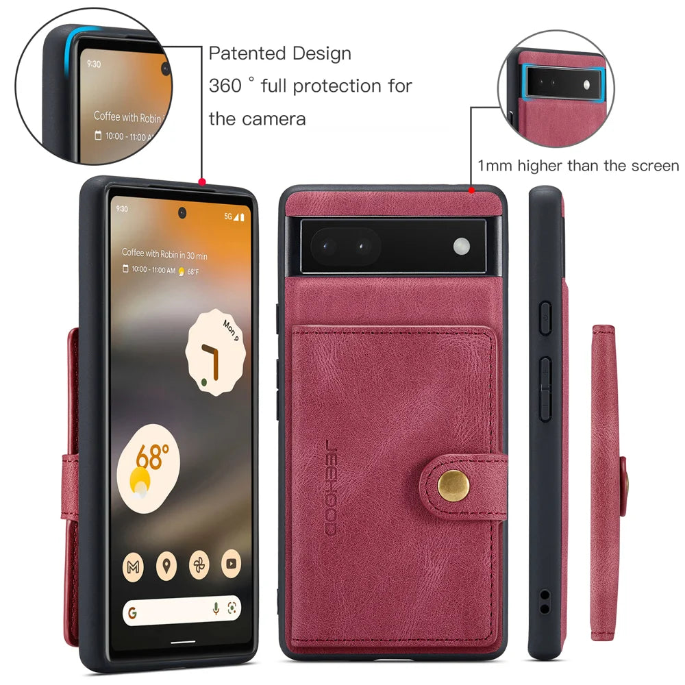 JEEHOOD For Google Pixel 6a Case  J01 Retro Leather Phone Back Cover with Detachable Magnetic Card Holder - Red - 7