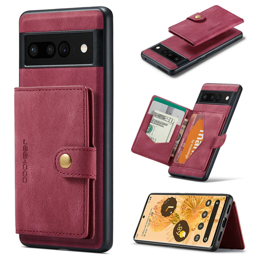 JEEHOOD For Google Pixel 7 Pro 5G Case  J01 Retro Leather Phone Back Cover with Detachable Magnetic Card Holder - Red - 1