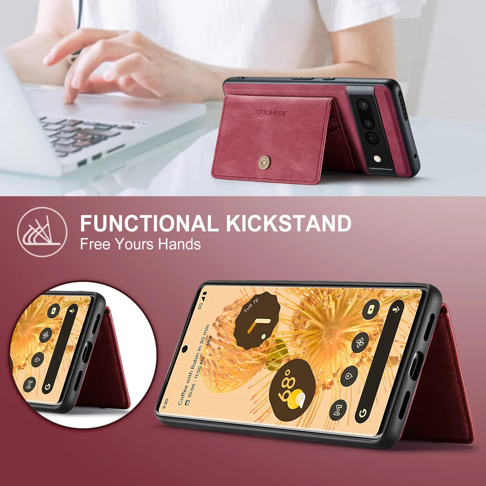 JEEHOOD For Google Pixel 7 Pro 5G Case  J01 Retro Leather Phone Back Cover with Detachable Magnetic Card Holder - Red - 4