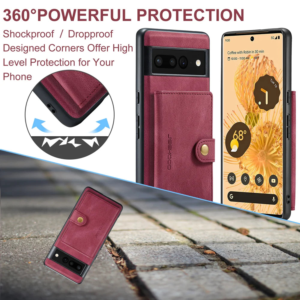 JEEHOOD For Google Pixel 7 Pro 5G Case  J01 Retro Leather Phone Back Cover with Detachable Magnetic Card Holder - Red - 5