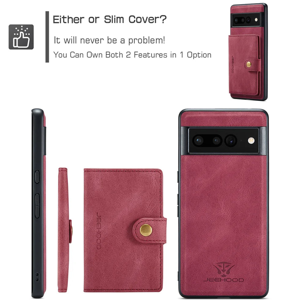 JEEHOOD For Google Pixel 7 Pro 5G Case  J01 Retro Leather Phone Back Cover with Detachable Magnetic Card Holder - Red - 6