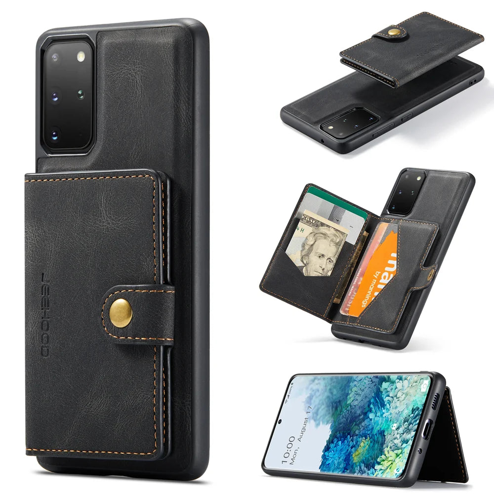 JEEHOOD For Samsung Galaxy S20 Plus 5G Case  J01 Retro Leather Phone Back Cover with Detachable Magnetic Card Holder - Black - 1