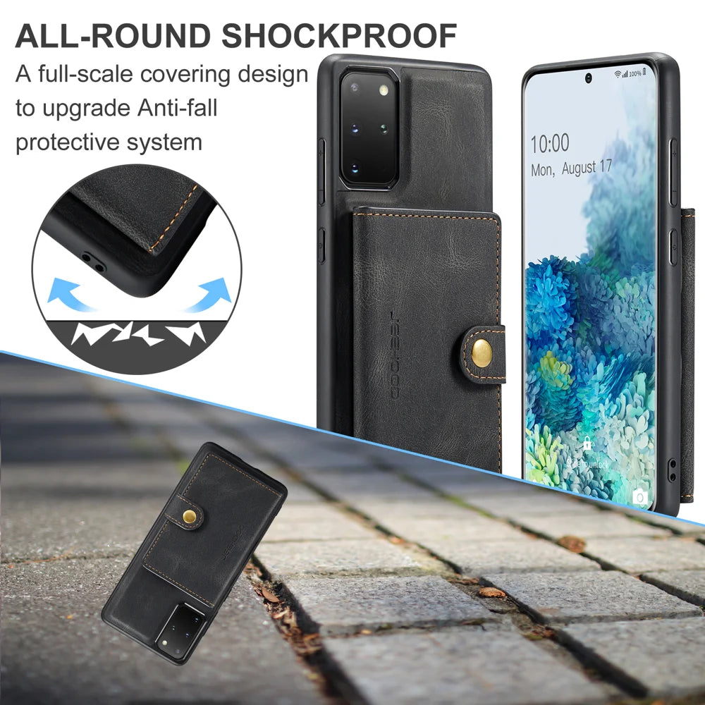 JEEHOOD For Samsung Galaxy S20 Plus 5G Case  J01 Retro Leather Phone Back Cover with Detachable Magnetic Card Holder - Black - 5
