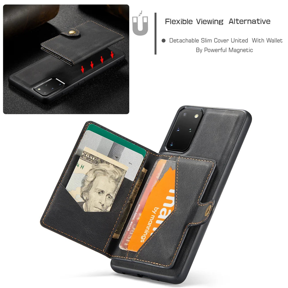 JEEHOOD For Samsung Galaxy S20 Plus 5G Case  J01 Retro Leather Phone Back Cover with Detachable Magnetic Card Holder - Black - 6