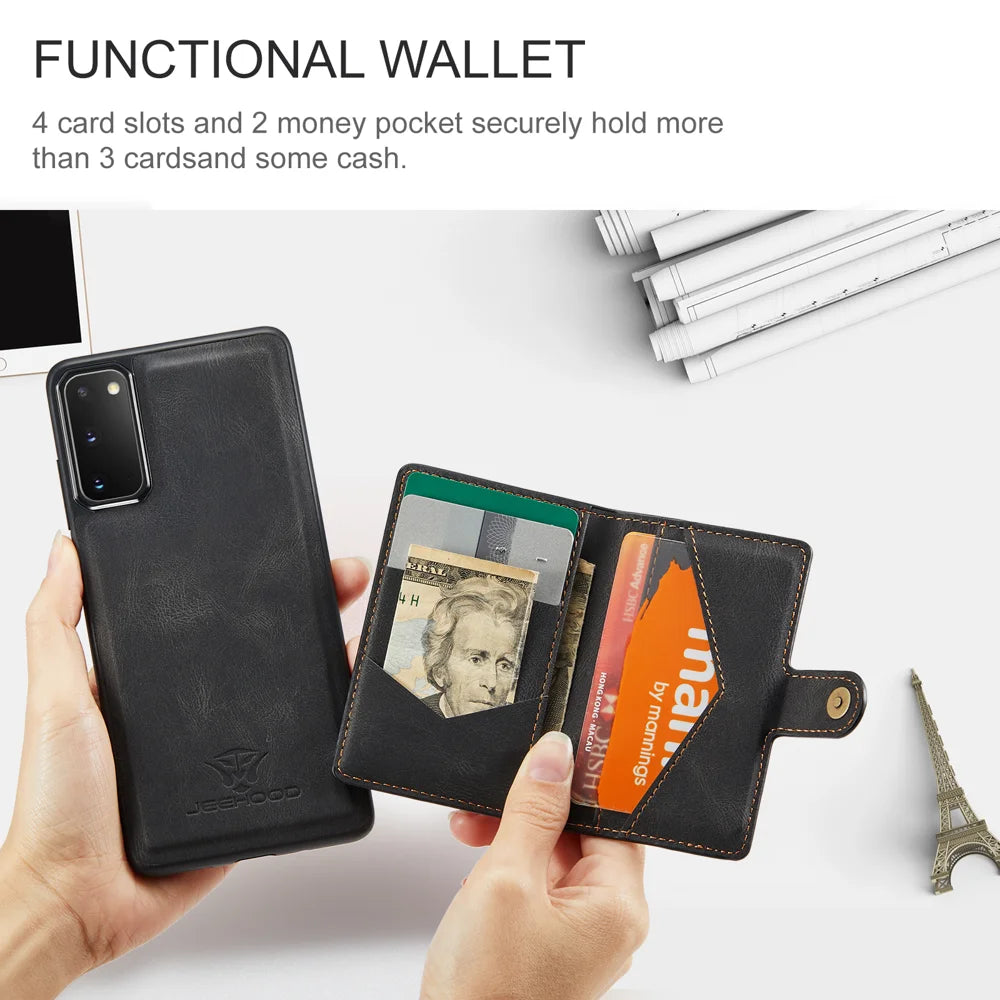 JEEHOOD For Samsung Galaxy S20 5G Case  J01 Retro Leather Phone Back Cover with Detachable Magnetic Card Holder - Black - 3