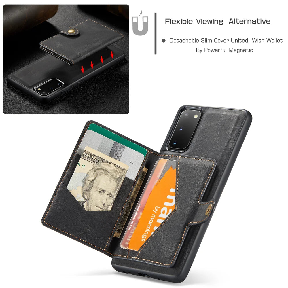 JEEHOOD For Samsung Galaxy S20 5G Case  J01 Retro Leather Phone Back Cover with Detachable Magnetic Card Holder - Black - 6