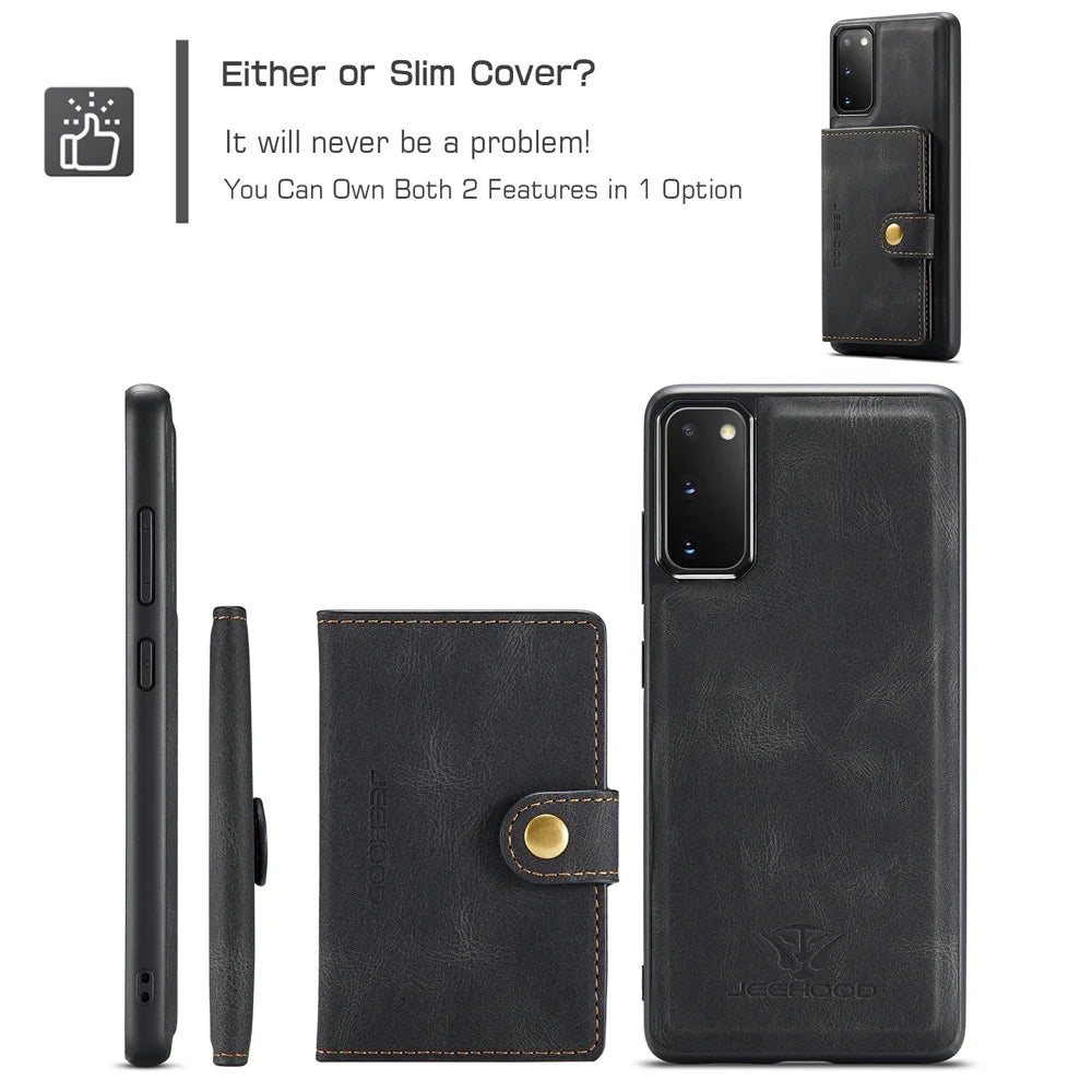 JEEHOOD For Samsung Galaxy S20 5G Case  J01 Retro Leather Phone Back Cover with Detachable Magnetic Card Holder - Black - 7