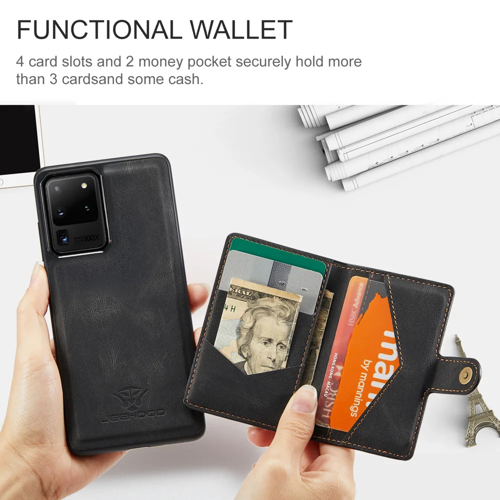 JEEHOOD For Samsung Galaxy S20 Ultra Case  J01 Retro Leather Phone Back Cover with Detachable Magnetic Card Holder - Black - 3
