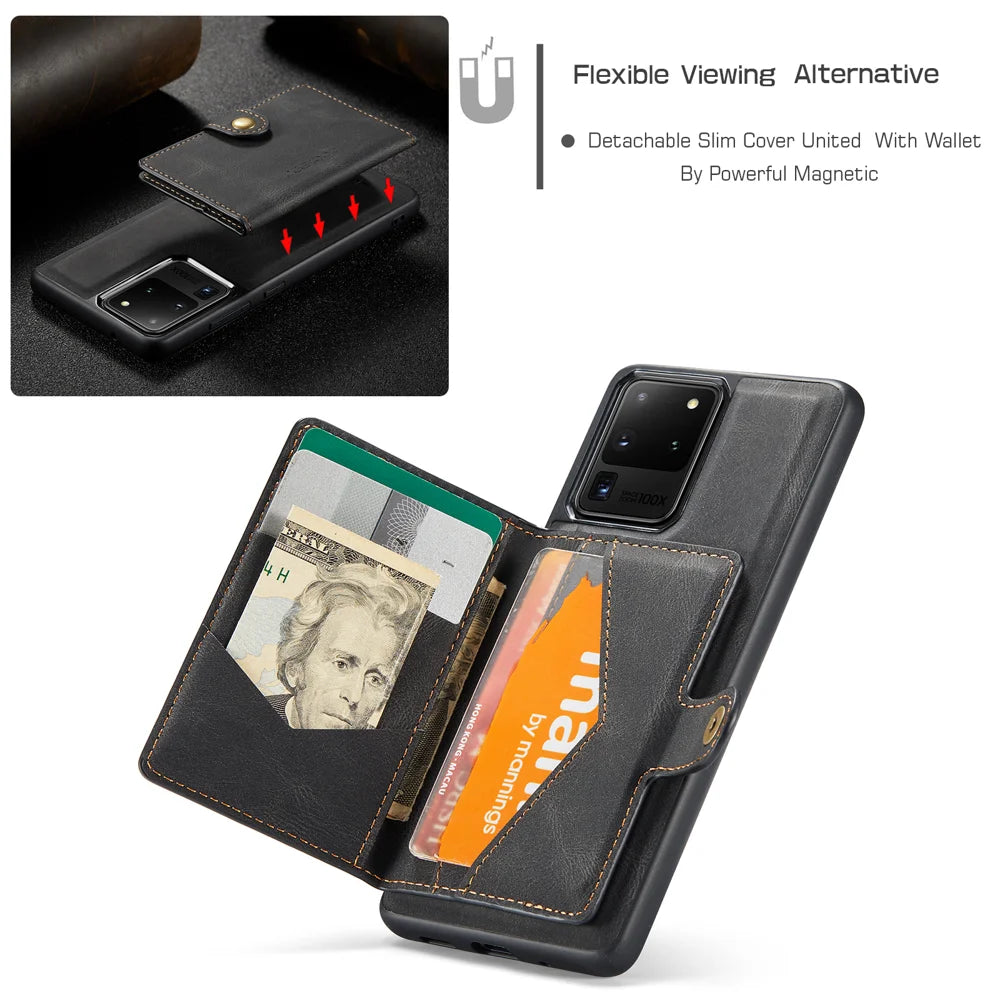 JEEHOOD For Samsung Galaxy S20 Ultra Case  J01 Retro Leather Phone Back Cover with Detachable Magnetic Card Holder - Black - 6