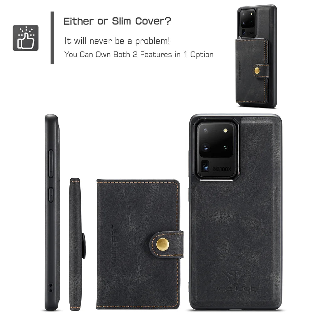 JEEHOOD For Samsung Galaxy S20 Ultra Case  J01 Retro Leather Phone Back Cover with Detachable Magnetic Card Holder - Black - 7