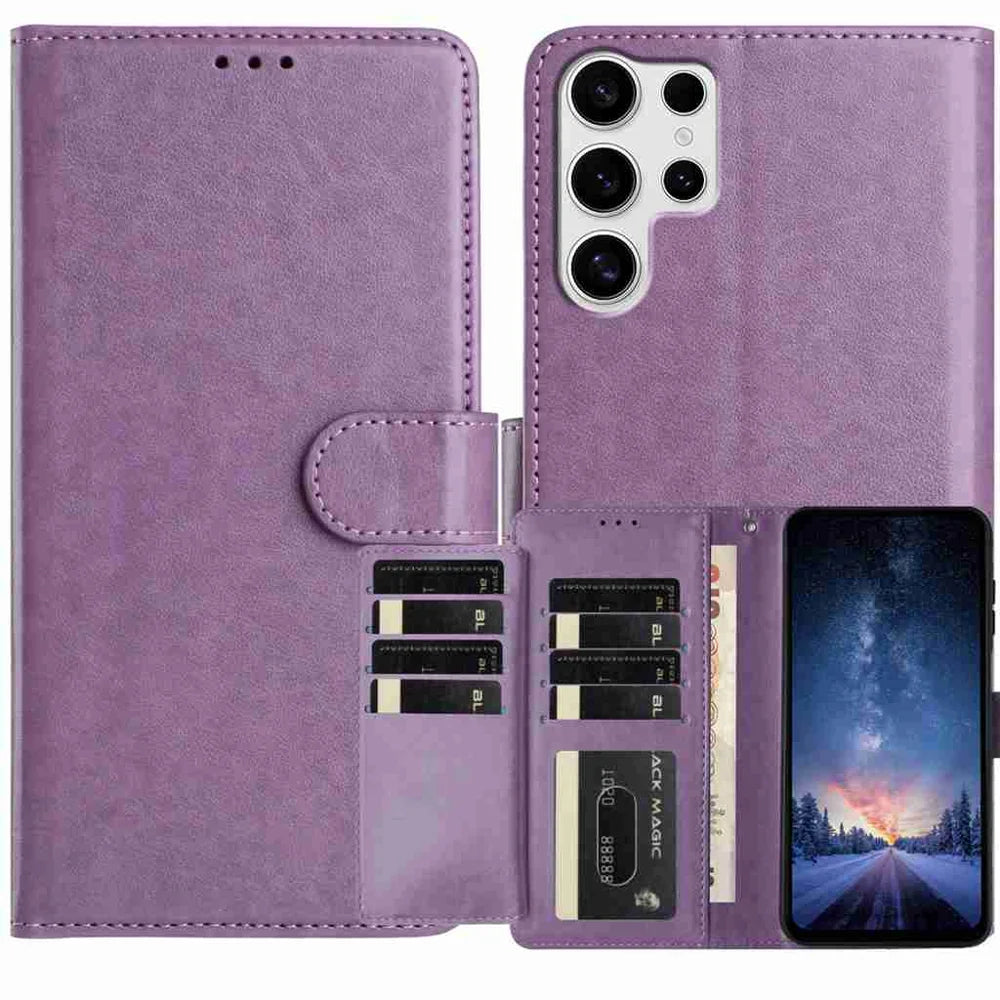 For Samsung Galaxy S24 Ultra Wallet Phone Case Stand PU Leather Folio Flip Cover with 8 Card Slot - Purple - 1