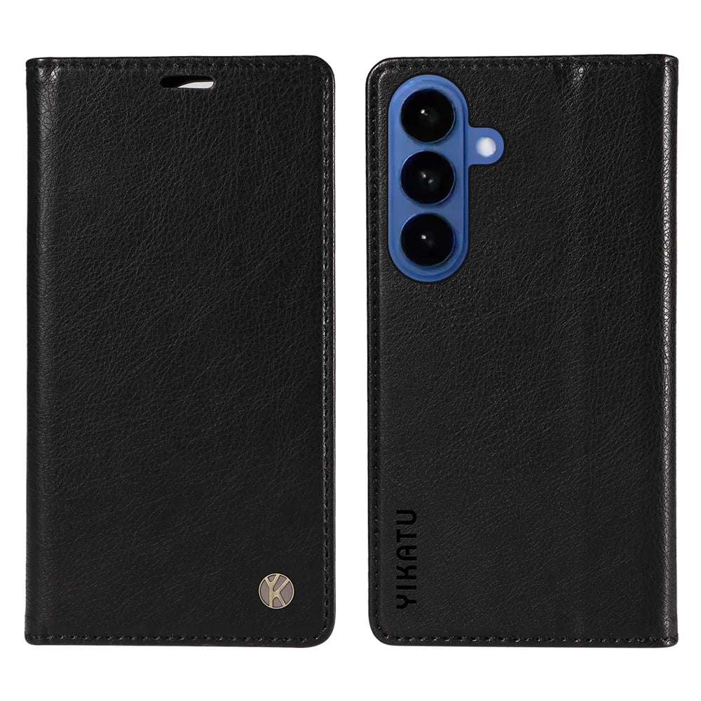 YIKATU For Samsung Galaxy S26 Wallet Case  YK-006 Magnetic Closure Leather Phone Cover Litchi Texture - Black - 1