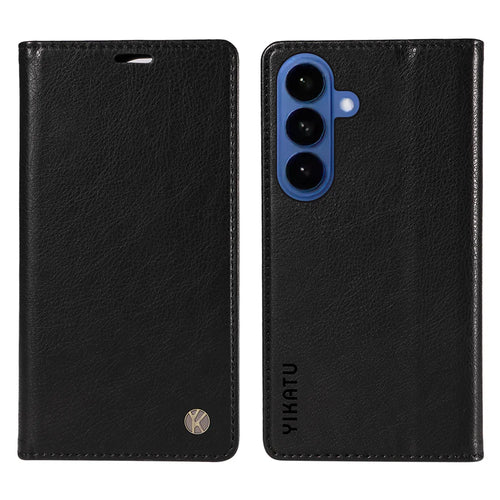 YIKATU For Samsung Galaxy S26 Wallet Case  YK-006 Magnetic Closure Leather Phone Cover Litchi Texture - Black - 1