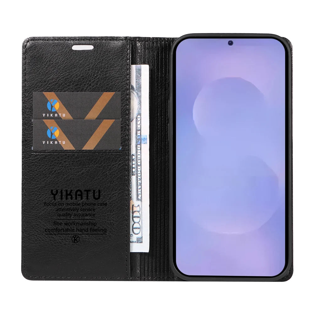 YIKATU For Samsung Galaxy S26 Wallet Case  YK-006 Magnetic Closure Leather Phone Cover Litchi Texture - Black - 2
