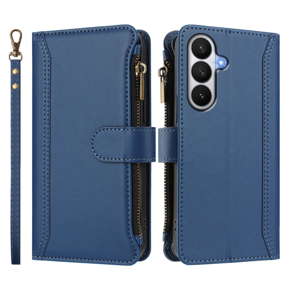 For Samsung Galaxy S26 Leather Case 9 Card Slots Zipper Wallet Stand Phone Cover with Wrist Strap - Dark Blue - 3