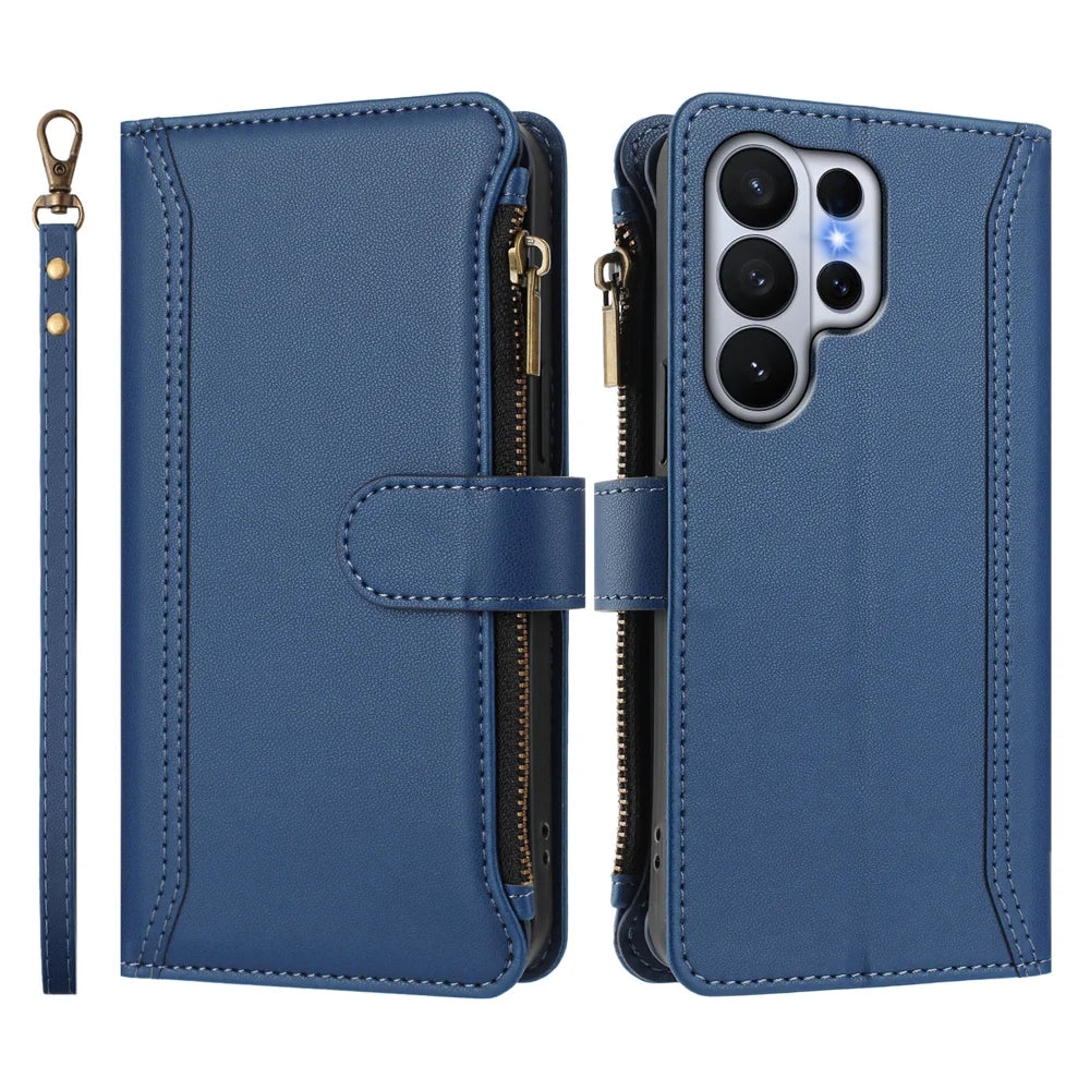 For Samsung Galaxy S26 Ultra Leather Case 9 Card Slots Zipper Wallet Stand Phone Cover with Wrist Strap - Dark Blue - 3