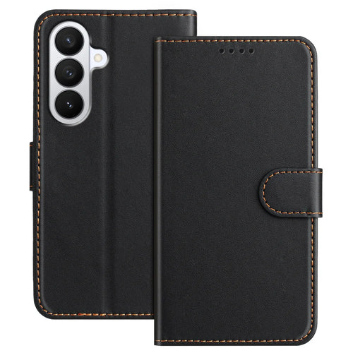For Samsung Galaxy S26 Leather Case Wallet Stand Solid Color Anti Drop Phone Cover - Black - 1