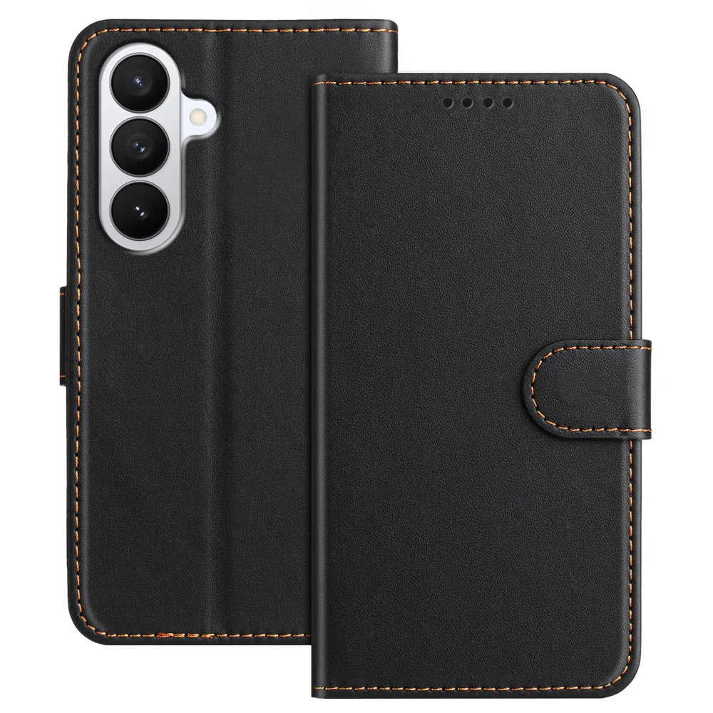 For Samsung Galaxy S26 Leather Case Wallet Stand Solid Color Anti Drop Phone Cover - Black - 1