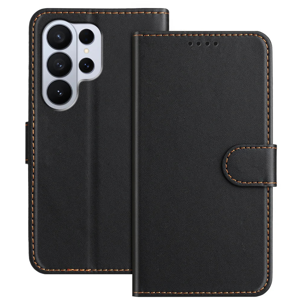 For Samsung Galaxy S26 Ultra Leather Case Wallet Stand Solid Color Anti Drop Phone Cover - Black - 1