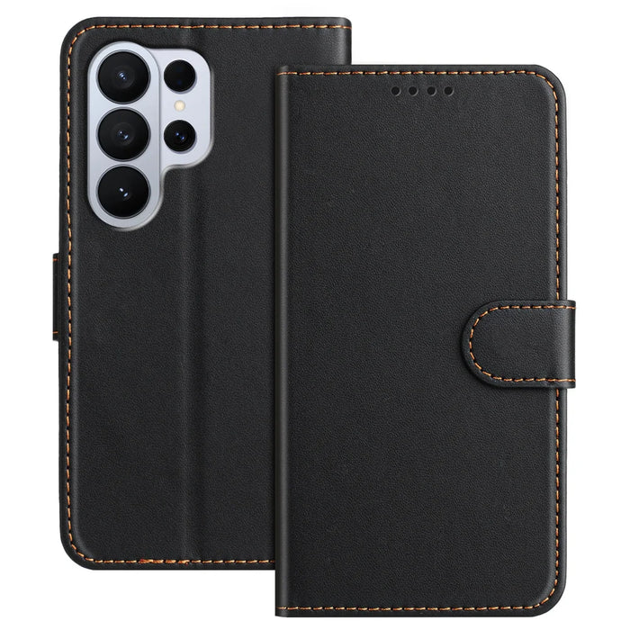 For Samsung Galaxy S26 Ultra Leather Case Wallet Stand Solid Color Anti Drop Phone Cover - Black - 1