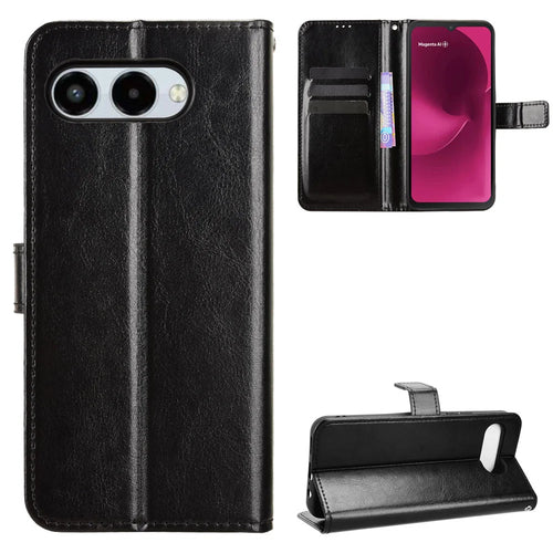 For T-Mobile T Phone 3 / T-Mobile REVVL 8 PU Leather Case with Strap Crazy Horse Texture Phone Wallet Cover - Black - 1