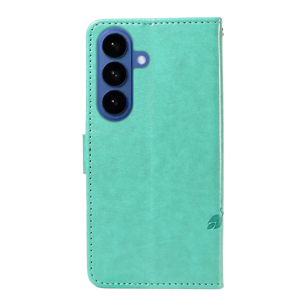 For Samsung Galaxy S26 PU Leather Cases Flower Pattern Wallet Stand Phone Cover with Strap - Green - 6