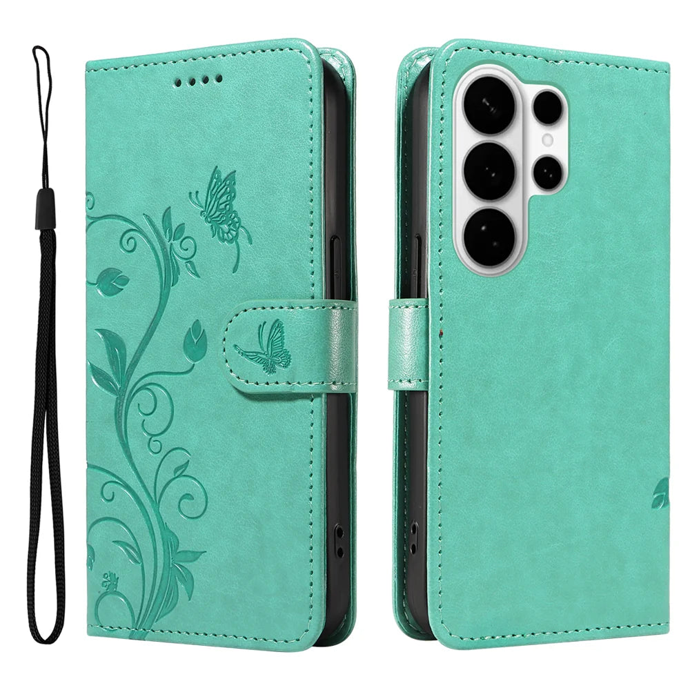 For Samsung Galaxy S26 Ultra PU Leather Cases Flower Pattern Wallet Stand Phone Cover with Strap - Green - 1