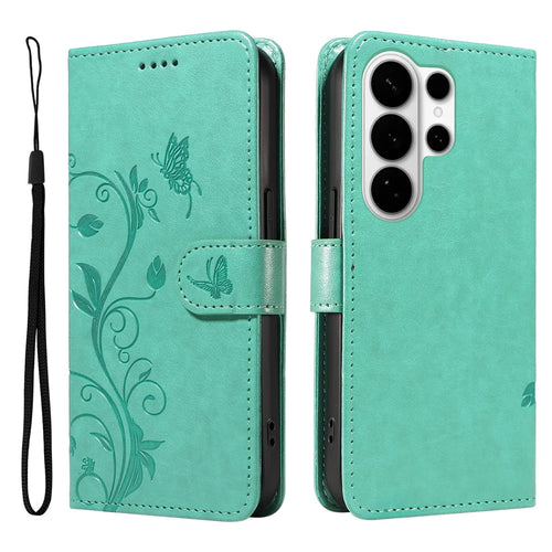 For Samsung Galaxy S26 Ultra PU Leather Cases Flower Pattern Wallet Stand Phone Cover with Strap - Green - 1