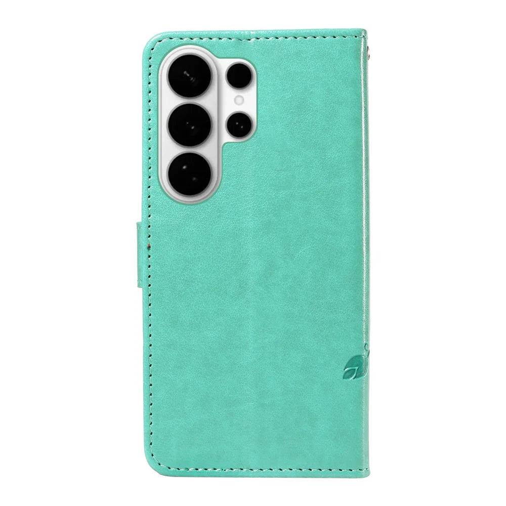For Samsung Galaxy S26 Ultra PU Leather Cases Flower Pattern Wallet Stand Phone Cover with Strap - Green - 6