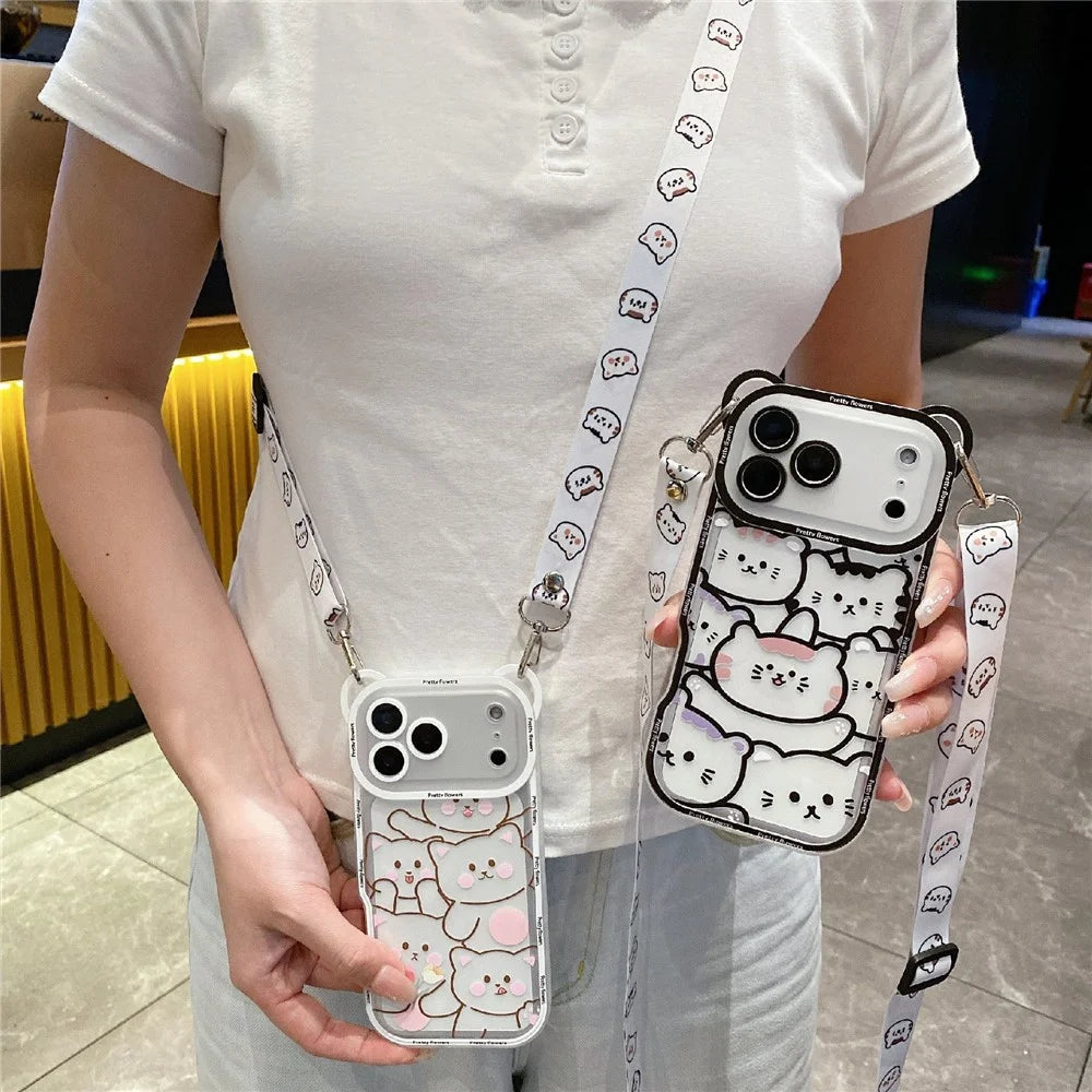 For iPhone 18 Pro Max / 17 Pro Max Case Cute Bear Design Shockproof TPU Phone Back Cover with Shoulder Strap - Stacking Bear A - 4