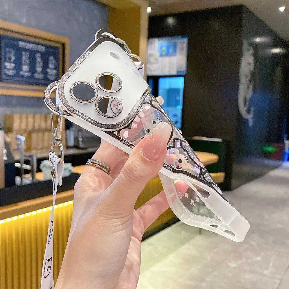 For iPhone 18 Pro Max / 17 Pro Max Case Cute Bear Design Shockproof TPU Phone Back Cover with Shoulder Strap - Stacking Bear A - 5