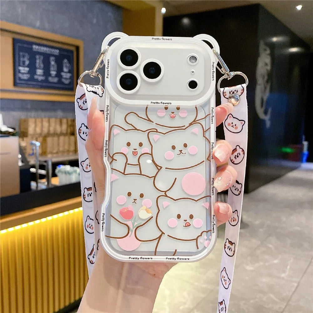For iPhone 18 Pro / 17  Pro Case Cute Bear Design Shockproof TPU Phone Back Cover with Shoulder Strap - Stacking Bear A - 1