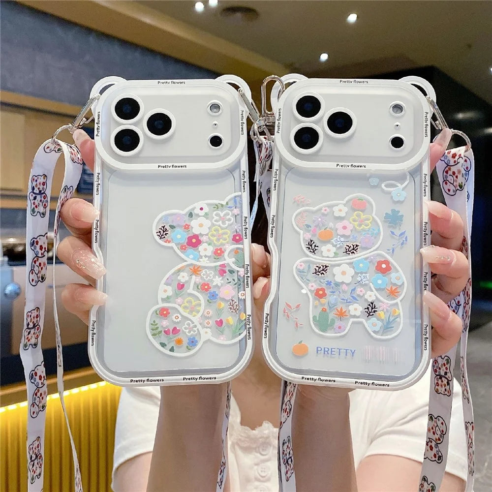 For iPhone 18 Pro / 17  Pro Case Cute Bear Design Shockproof TPU Phone Back Cover with Shoulder Strap - Stacking Bear A - 6