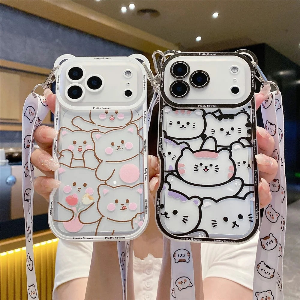For iPhone 18 Pro / 17  Pro Case Cute Bear Design Shockproof TPU Phone Back Cover with Shoulder Strap - Stacking Bear A - 7
