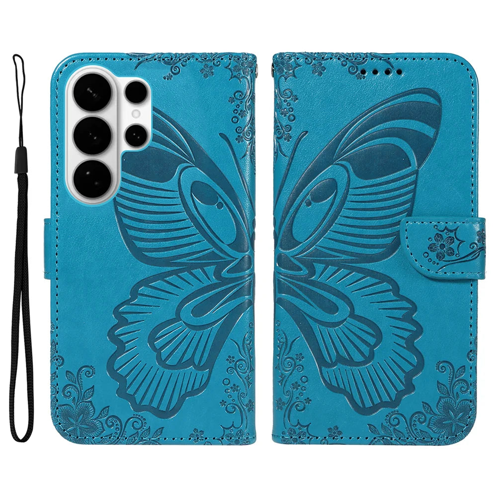 For Samsung Galaxy S26 Ultra Case Butterfly Pattern PU Leather Folio Flip Phone Cover -  Blue - 1