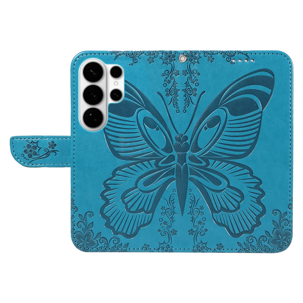 For Samsung Galaxy S26 Ultra Case Butterfly Pattern PU Leather Folio Flip Phone Cover -  Blue - 3