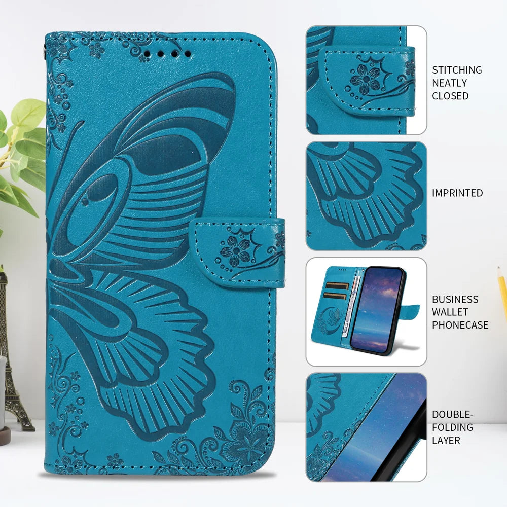 For Samsung Galaxy S26 Ultra Case Butterfly Pattern PU Leather Folio Flip Phone Cover -  Blue - 5