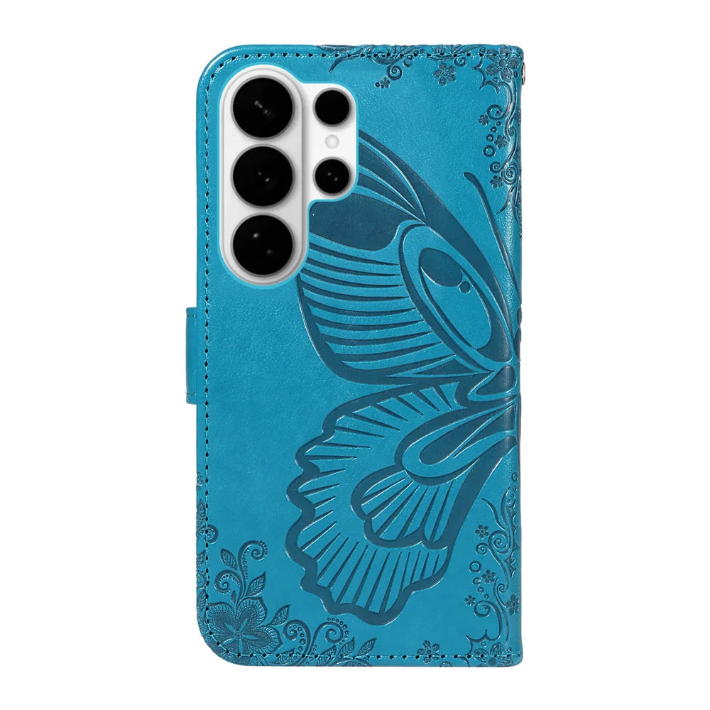 For Samsung Galaxy S26 Ultra Case Butterfly Pattern PU Leather Folio Flip Phone Cover -  Blue - 7