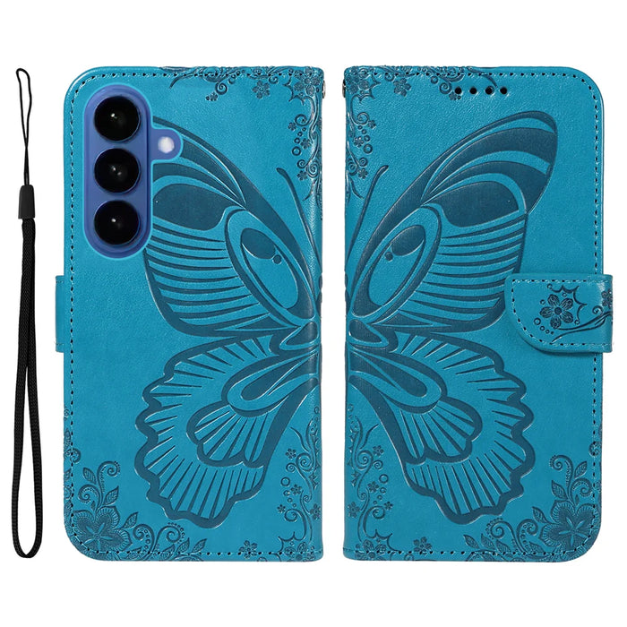 For Samsung Galaxy S26 Case Butterfly Pattern PU Leather Folio Flip Phone Cover -  Blue - 1