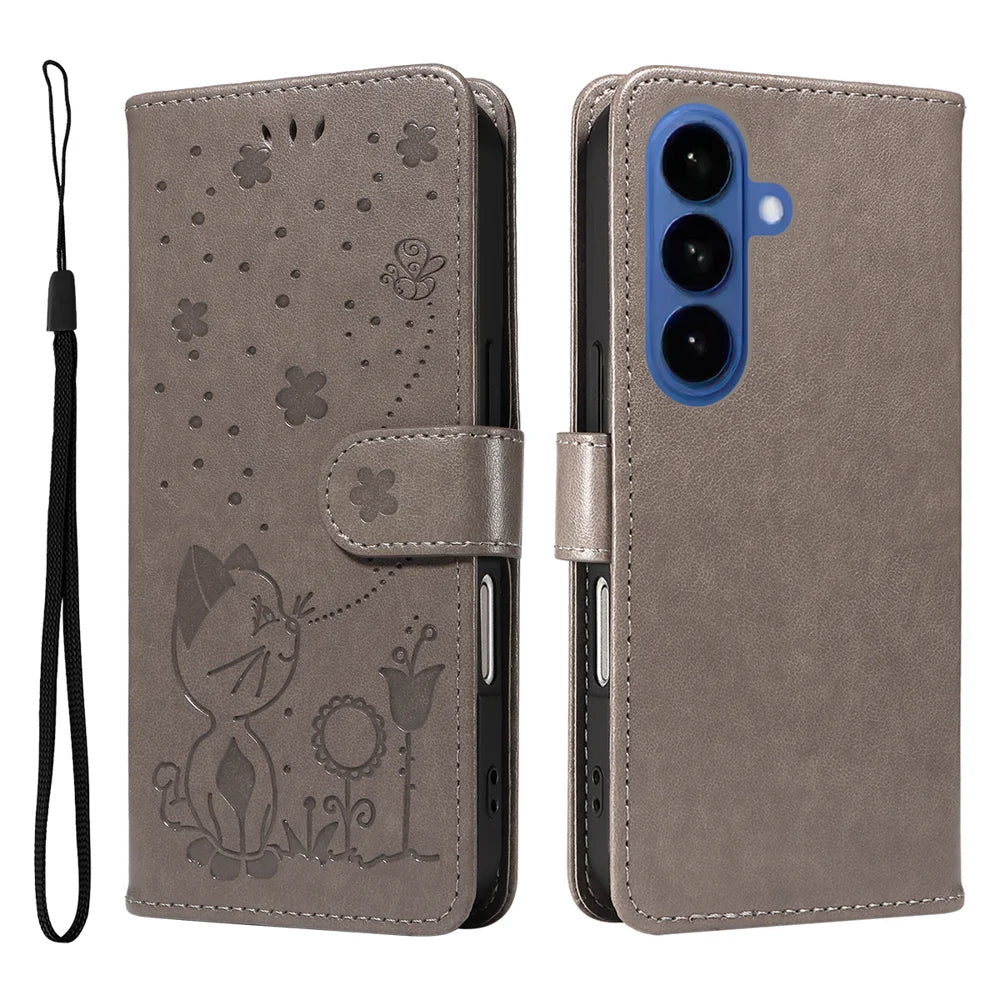 For Samsung Galaxy S26 Leather Wallet Case Cat Bee Pattern Phone Cover Stand - Grey - 1