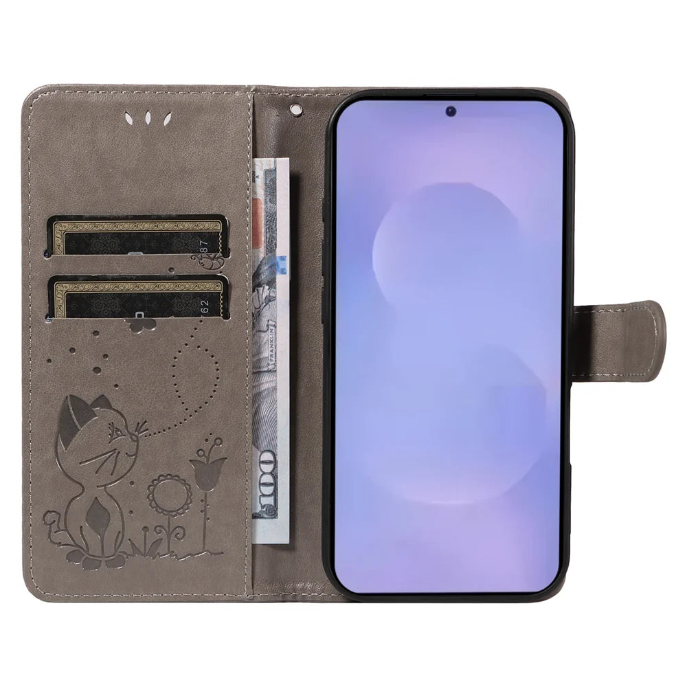 For Samsung Galaxy S26 Leather Wallet Case Cat Bee Pattern Phone Cover Stand - Grey - 2