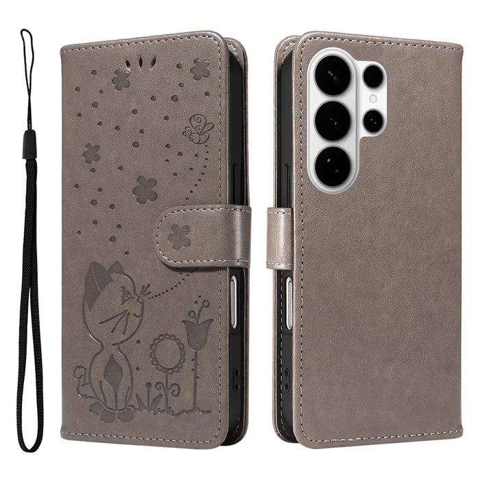 For Samsung Galaxy S26 Ultra Leather Wallet Case Cat Bee Pattern Phone Cover Stand - Grey - 1